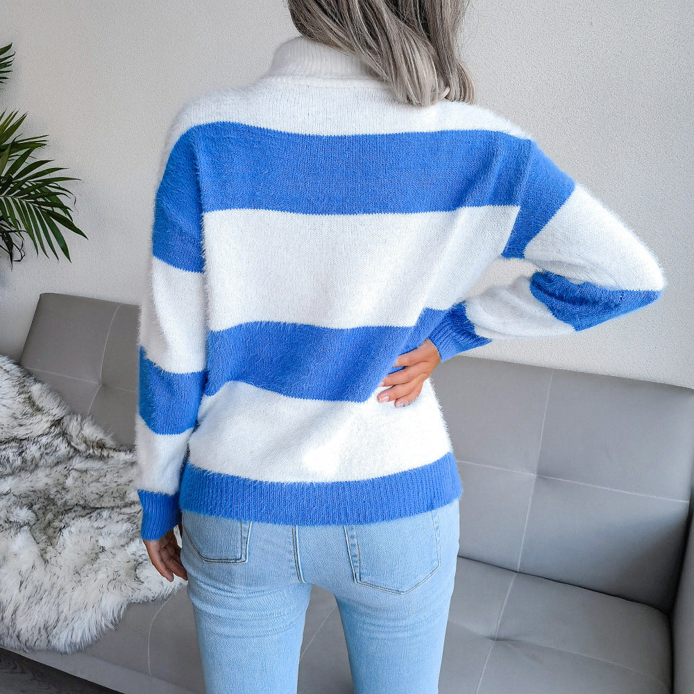 High Neck Long Sleeve Striped Mohair Knitted Jumper